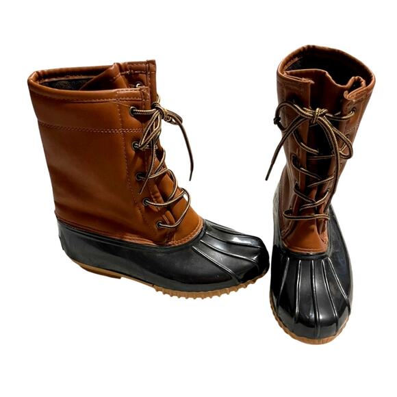 Sporto Duck Rain Rubber Boots Arianna Womens 6 M 75105 Tan Black Flannel Lined - Picture 1 of 9